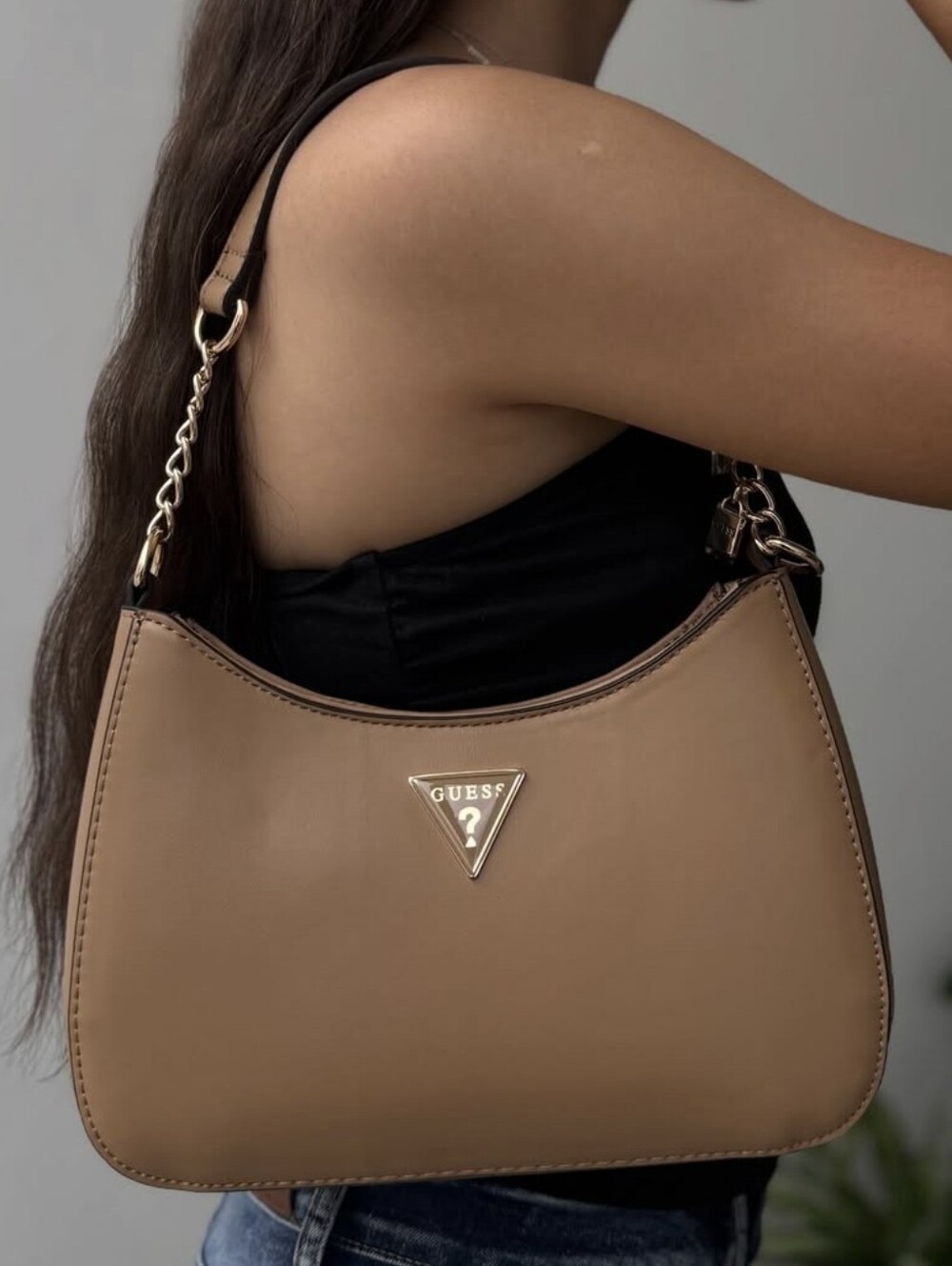 GUESS Tan Shoulder Bag with Gold Chain Strap